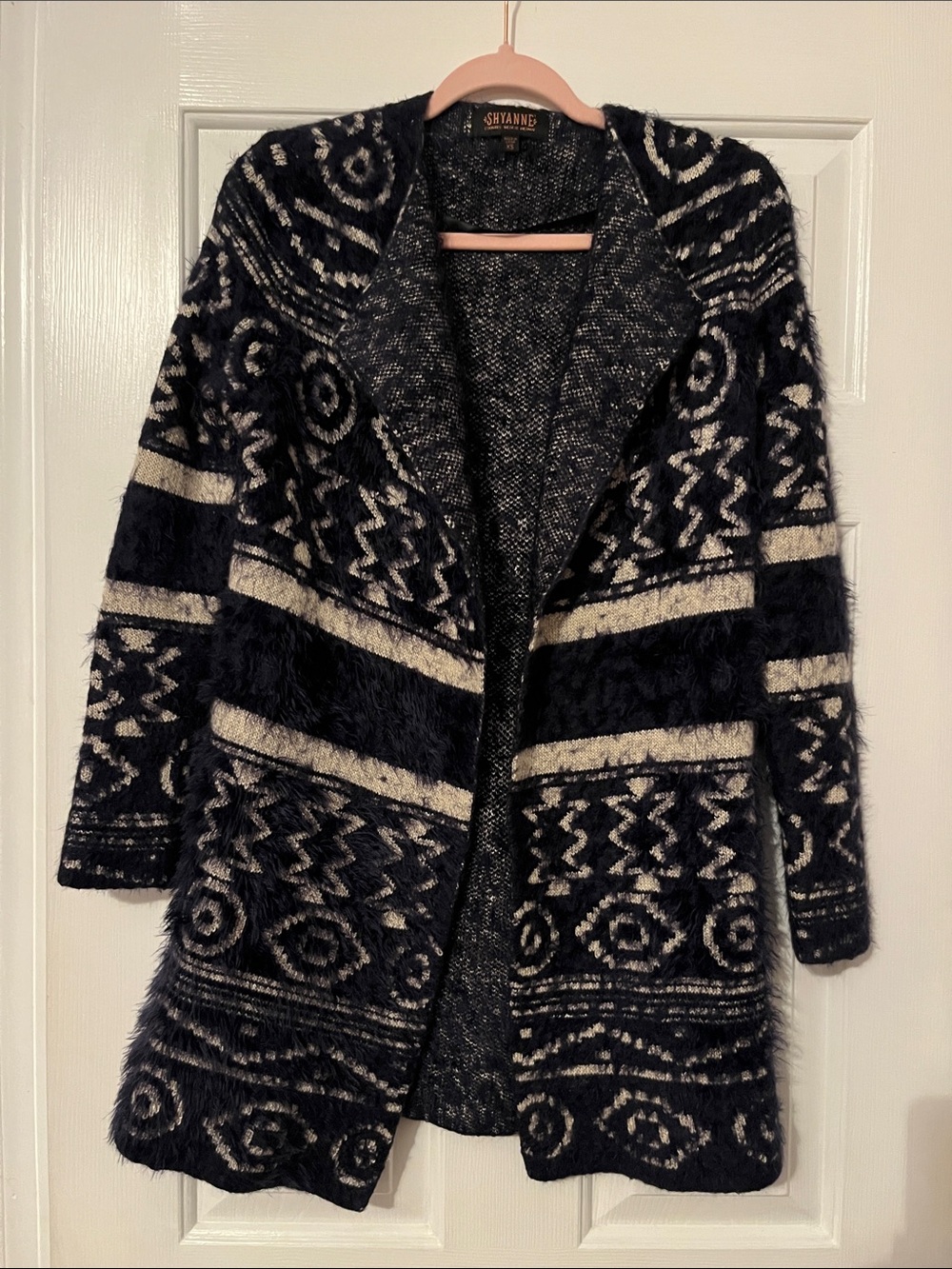 Shyanne Navy and Cream Open-Front Patterned Cardigan